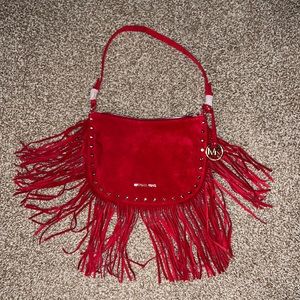 Michael Kors Red Suede Fringe Shoulder Bag Zip Top Stud Details Many Pockets